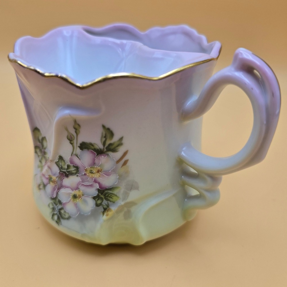 Antique Nippon Hand Painted Shaving Scuttle Mug Pink Floral Gold Gilt Porcelain